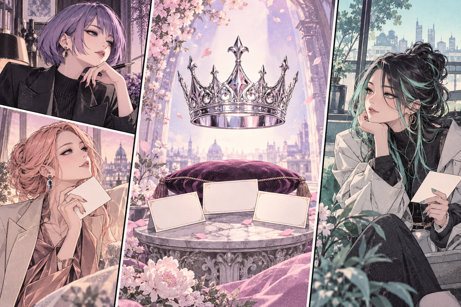 Three original adult manga contenders considering an unclaimed crown and blank nomination cards